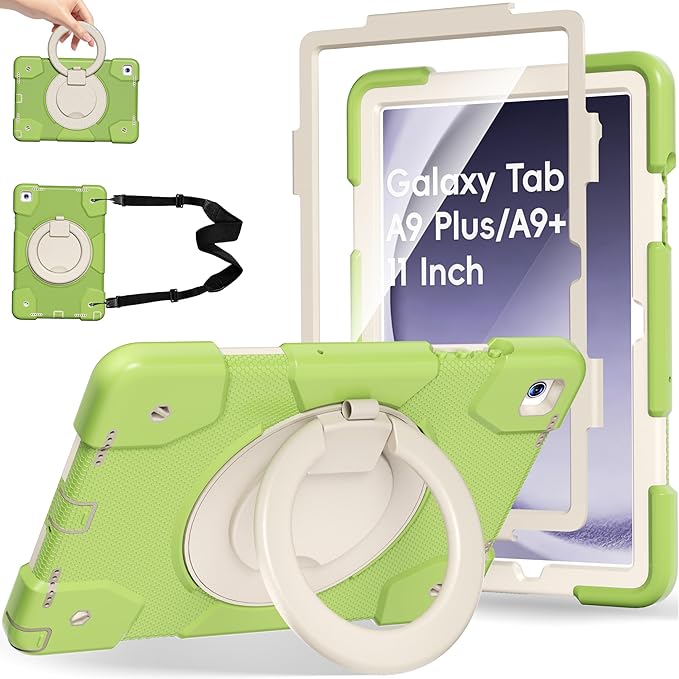 Case for Samsung Galaxy Tab A9+/A9 Plus Case 11 Inch with Screen Protector/360° Rotating Stand/Pen Holder/Shoulder Strap Shockproof Cover for Tablet A9+ 5g (Green)