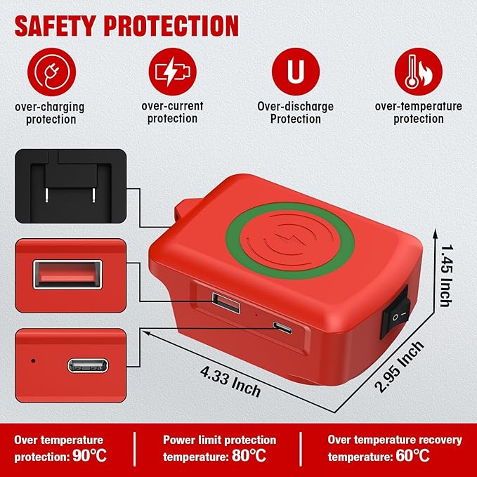 Wireless Charger for Milwaukee M-18 18V Battery15W Max Wireless Charging Adapterwith USB-A&ampUSB-C 2.1A Fast Charge PortsCell Phone Chargers Using Tool Battery