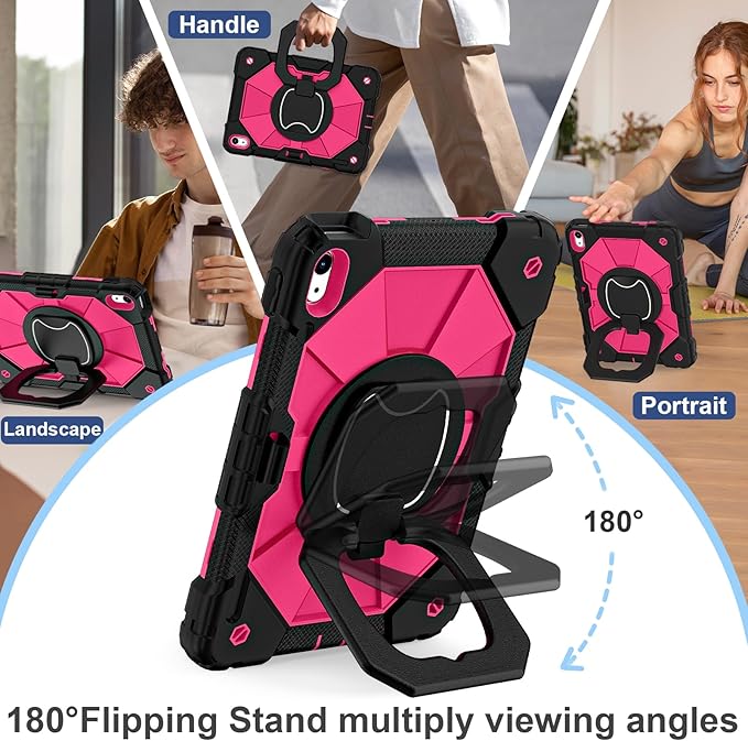 Case for iPad (A16) 11th Generation 11 Inch (2025) / iPad 10th Generation Case 10.9 Inch (2022) with 360° Rotating Stand Screen Protector Pen Holder Shoulder Strap Black Pink