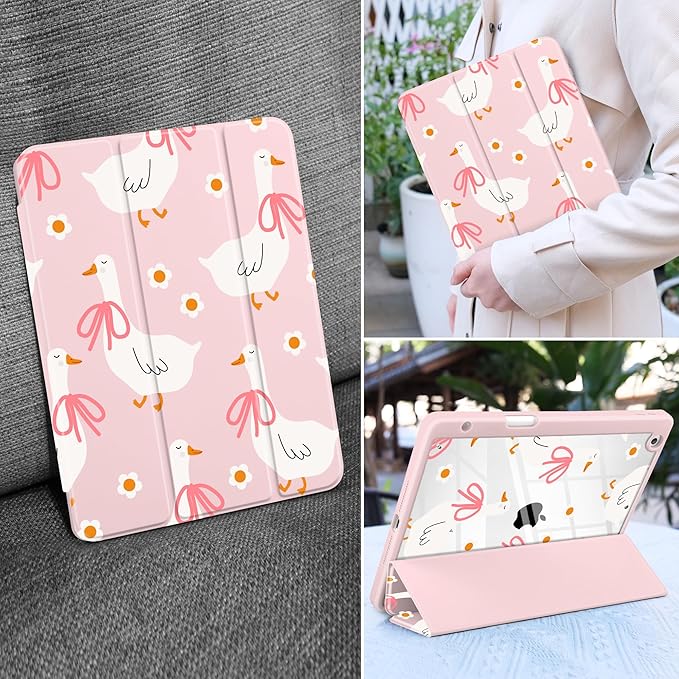 MEEgoodo Case for iPad 10.2 inchTablet Cases for iPad 9th Generation 2021/8th Gen 2020/7th Gen 2019 with Clear Acrylic Back Shell+Pencil Holder+Auto Wake/Sleep+Trifold StandGoose Farm &amp Bows