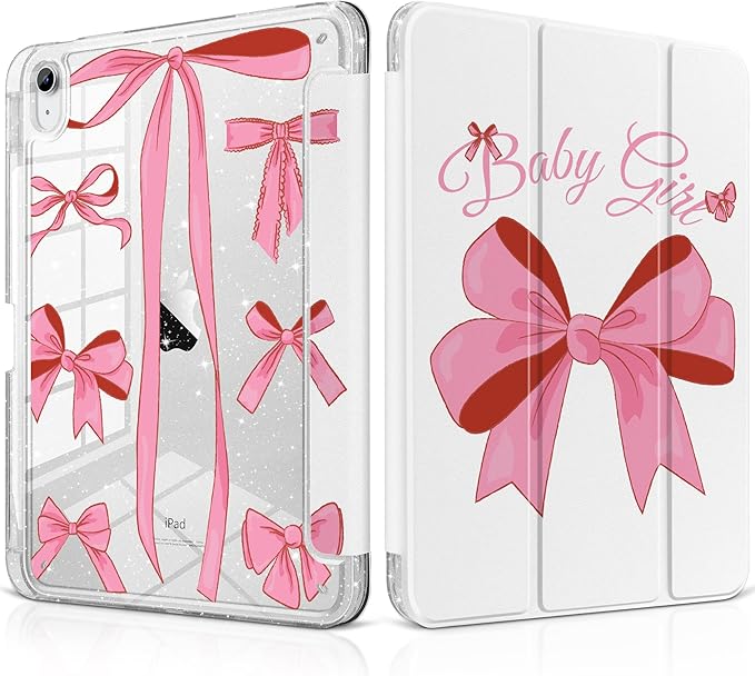 MEEgoodo Case for iPad A16 11th Generation 2025/10th Generation 2022 Glitter Tablet Cases with Transparent Acrylic Back+Trifold Stand +Pencil Holder+Auto Wake/SleepPink Girly Vintage Bows