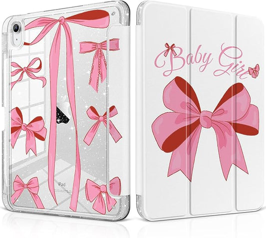 MEEgoodo Case for iPad A16 11th Generation 2025/10th Generation 2022 Glitter Tablet Cases with Transparent Acrylic Back+Trifold Stand +Pencil Holder+Auto Wake/SleepPink Girly Vintage Bows