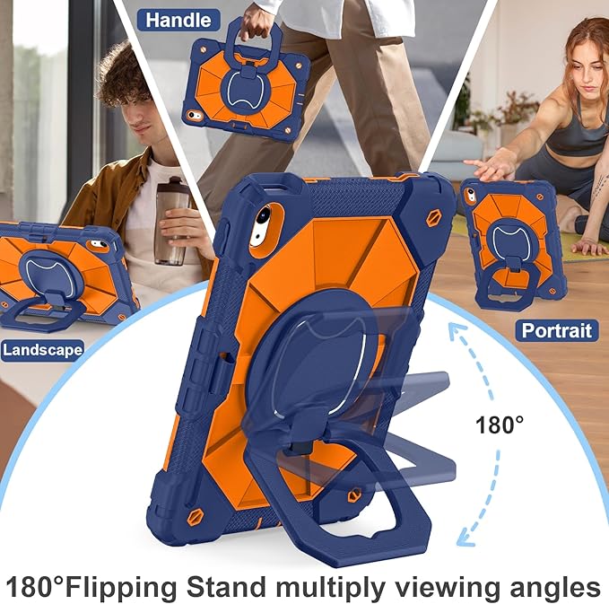 Case for iPad (A16) 11th Generation 11 Inch (2025) / iPad 10th Generation Case 10.9 Inch (2022) with 360° Rotating Stand Screen Protector Pen Holder Shoulder Strap Navy Orange