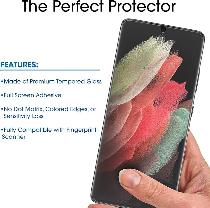amFilm 3D Curved Screen Protector for Galaxy S21 Ultra 5G 6.8 Inch Fully Compatible with UltraSonic Fingerprint Scanner UV Gel Application Tempered Glass 2 Pack