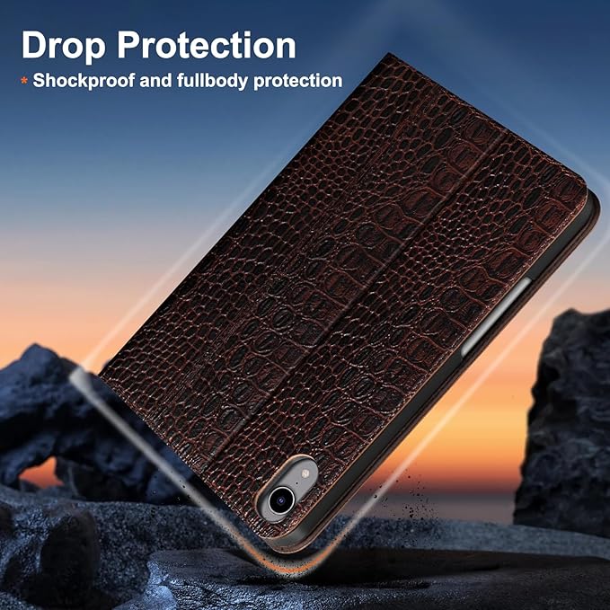 Gexmil Leather Case for iPad mini 7 (A17 Pro) 2024 / iPad mini 6 Generation 2021 8.3 InchPremium Cowhide Cover with Pencil HolderAdjustable Stand Auto Wake/SleepBrown Crocodile