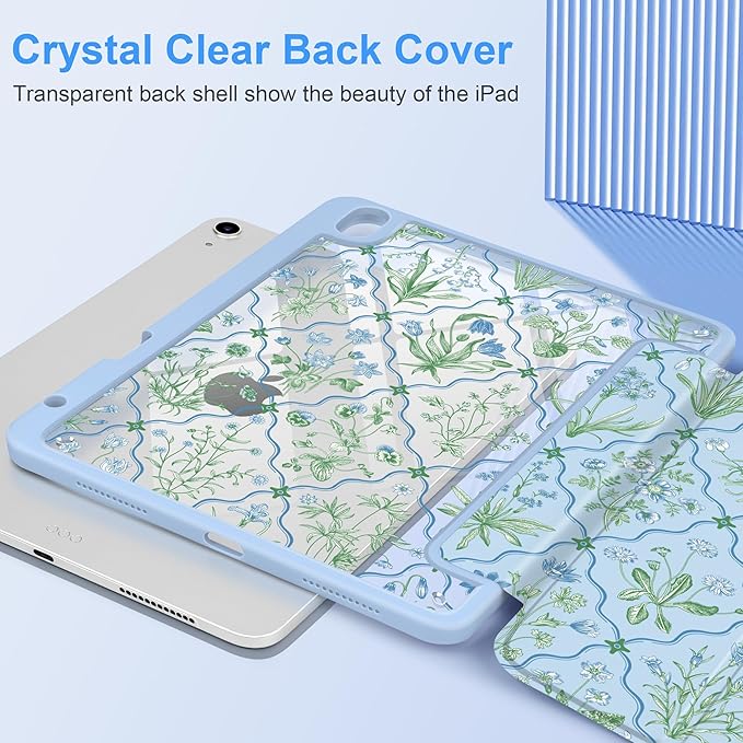 DONGKE Case for iPad Air 11-inch M4 2026 &amp M3 2025 &amp M2 2024 iPad Air 5th/4th Generation 10.9 2022/2020 [Built-in Pencil Holder] Clear Acrylic Back Trifold Stand Smart Cover Lattice Floral
