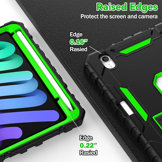 Grifobes Case for iPad mini 7 (A17 Pro) 2024 / Mini 6 2021 8.3 inch Heavy Duty Shockproof Rugged Cover with Pencil Holder Stand for I Pad Mini 7th/6th Gen 8.3 Case (Black+Green)
