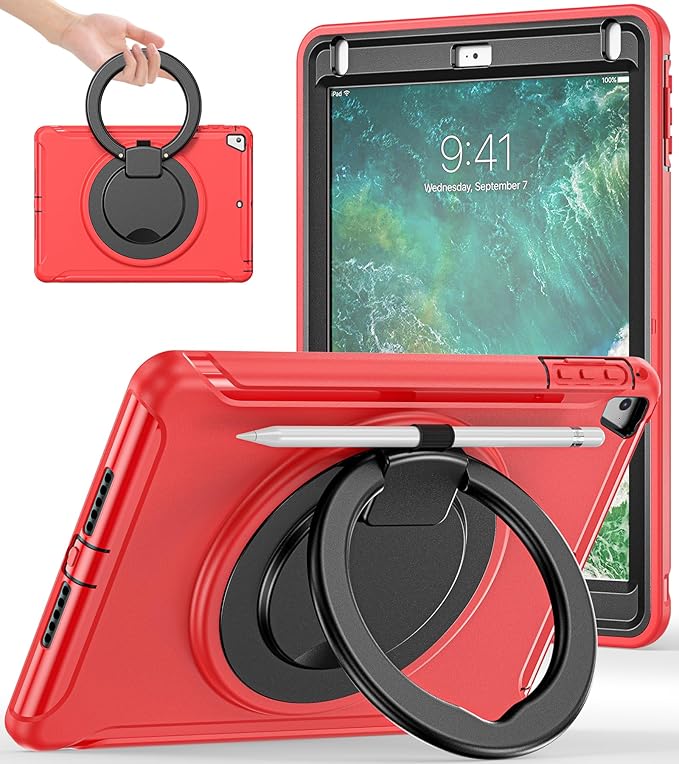 BATYUE Case for iPad 6th Generation 9.7 inch 2018 iPad 5th Gen 2017 iPad Air 2/ iPad Pro 9.7''Shockproof Protective Cover with Pencil Holder &ampRotating Kickstand for KidsBoysGirls Red