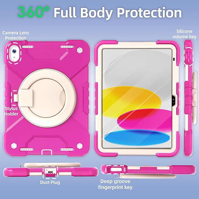 Case for iPad (A16) 11th Generation 11 inch 2025/10th Generation 10.9 inch 2022 Shockproof Cover with Screen Protector/360° Rotate Handle/Bracket/Pen Holder/Shoulder Strap (Rose Red+White)