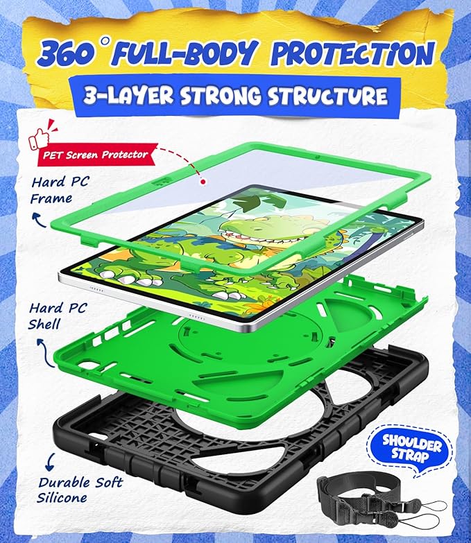 Grifobes Case for Samsung Galaxy Tab A11+ / A9+ Plus 11 inch 2026/2024 Full Body Protection with Screen Protector/Rotating Stand Hand/Shoulder Strap for 11” Tablet Cover Black+Green