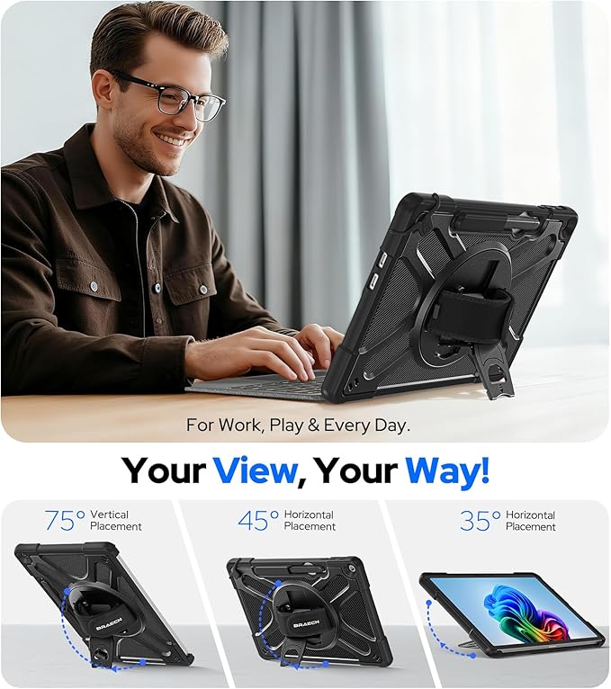 BRAECNstock Case for Microsoft Surface Pro 12 inch 1st Edition 2025 Rugged Protective with Rotating Hand Strap &amp Stand Shoulder Strap Pencil Holder Compatible with Type Cover Keyboard Black