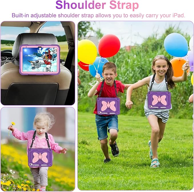 VOFUOE for iPad 10th Generation Case for Kids Girls 2022 10.9 Inch for iPad A16 Case 11th Generation 2025 with Screen Protector Shoulder Strap Butterfly Wings Stand Pencil Holder Rugged Cover-Purple
