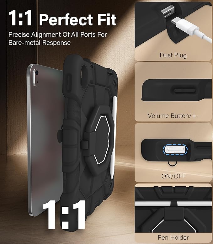 JKSML Case for iPad (A16) 11th/10th Gen | 360° Rugged Rotating Stand | Pencil Holder | Adjustable Shoulder Strap | Heavy Duty Drop Protective Cover for iPad 10.9 (2022)/ 11 (2025) - Black-z