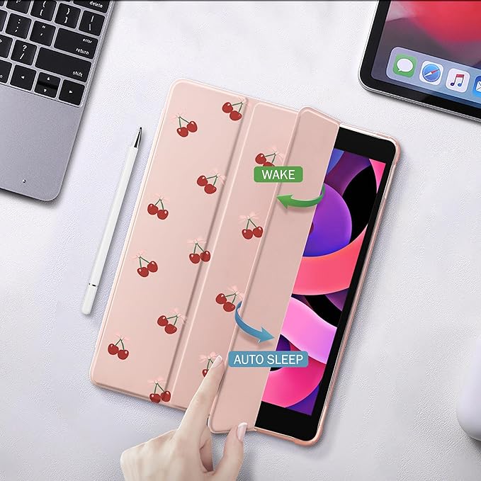 Idocolors Cute Kawaii Bow Cherries Pad Case for 10.5 Inch iPad Pro(2017)/iPad Air 3 Clear TPU Smart Stand Back Cover with Pencil Holder Auto Wake/Sleep Foldable Protective Case for Women Girls