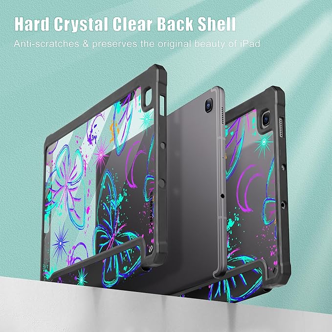 Mektron Case for Samsung Galaxy Tab S6 Lite 10.4 Inch 2024/2022/2020 with S Pen Holder Multi-Angle Viewing with Shockproof Cover Clear Shell + Trifold Stand + Auto Wake/Sleep Fantasy Butterfly