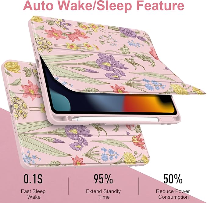 DONGKE for iPad 9th/8th/7th Generation Case 10.2 Inch (2021/2020/2019) [Auto Sleep/Wake &amp Pencil Holder] Clear Acrylic Back Trifold Stand Cover Pink Botanical Floral