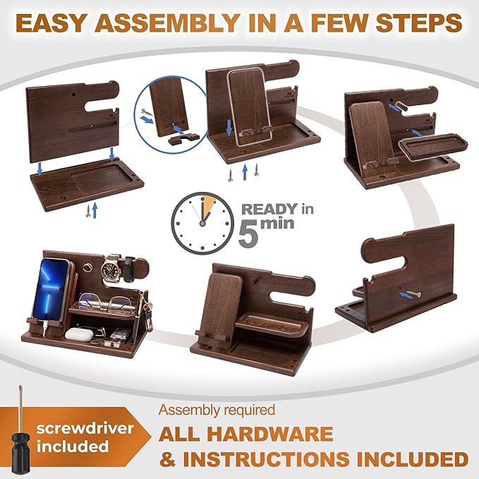 TESLYAR Wood Phone Docking Station for Men - Desk or Nightstand Organizer - Birthday Gifts for Husband Dad - Anniversary Idea from Wife - Key Holder Stand Wallet Watch &amp Essentials (Bourbon Bro