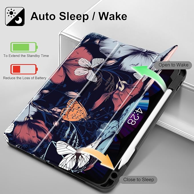 May Chen Case for iPad Pro 11 inch (4th 3rd 2nd &amp 1st Gen) 2022 2021 2020 2018 Trifold Stand + Pencil Holder + Auto Wake/Sleep + Soft TPU Protective Stand Back Cover Flowers &amp Butterflies