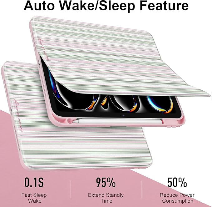 TWOLSKOO Case for iPad Pro 11-inch (M5 2025 / M4 2024) Clear Acrylic Back with TPU Bumper Pencil Holder Trifold Stand Auto Sleep/Wake Pastel Stripes