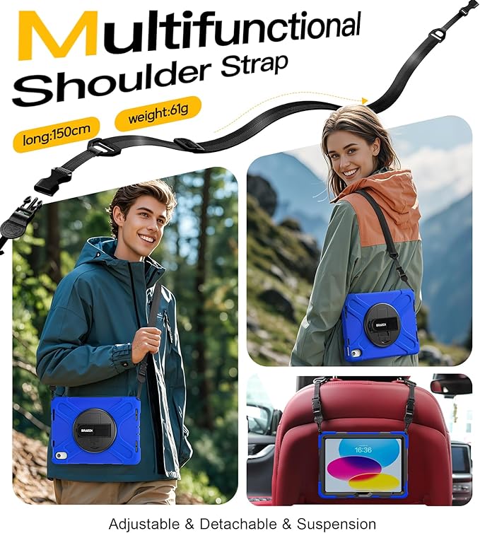 BRAECN for iPad (A16) 11th/10th Generation case 11/10.9 inch 2025/2022 Heavy Duty Shockproof Protective with Pencil Holder Screen Protector 360°Rotating Stand Handle &amp Shoulder Strap Full Body Cov