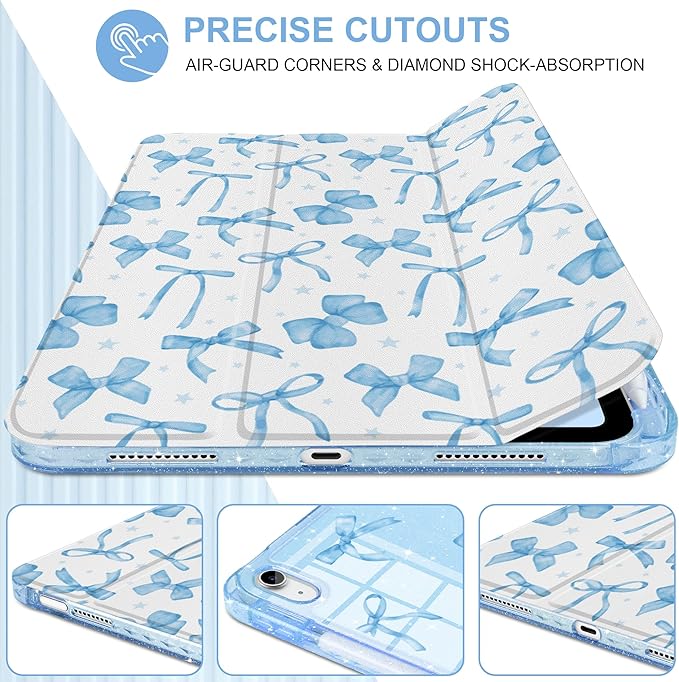 TWOLSKOO Sparkly Case for iPad Pro 11 inch (M5 2025 / M4 2024) Glitter Hard Acrylic Back with Pencil Holder Slim Trifold Stand Folio Cover Auto Sleep/Wake Blue Bows