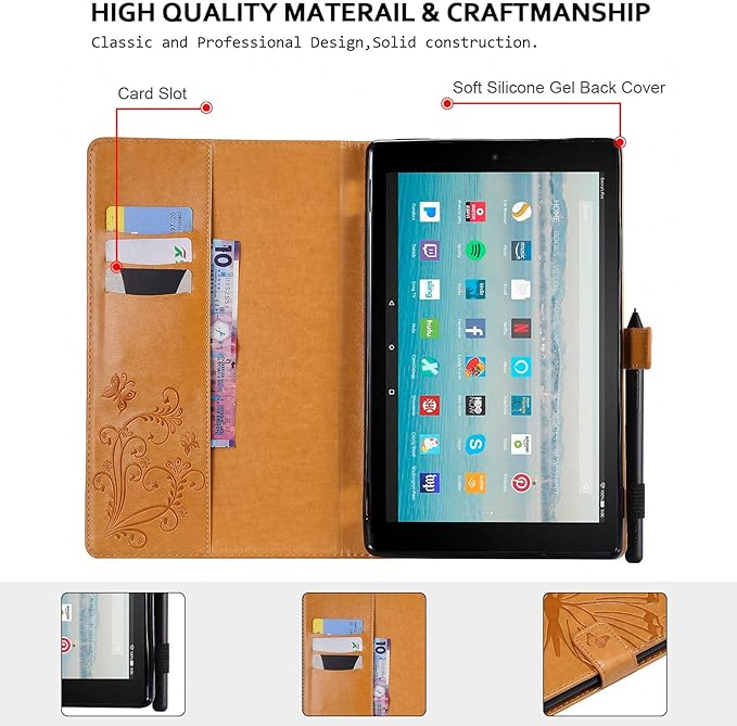Wallet Case for Fire HD 10 (9th/7th/5th Generation 2019/2017/2015) Techcircle Butterflies Embossed Stand Folding Cover with Card/Cash Holder for Amazon Fire HD 10.1 Tablet Auto Sleep/Wake Ochre