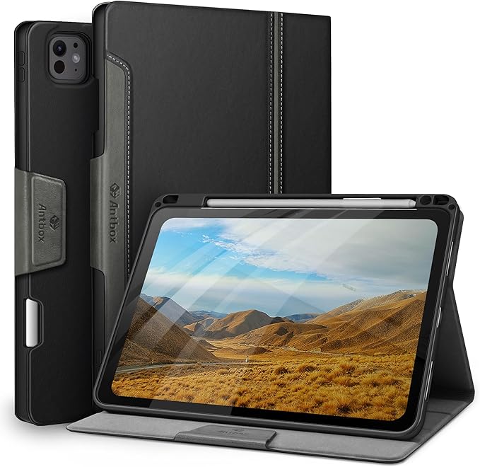 Antbox for iPad Pro 11 Inch Case M5 2025/M4 2024 Built-in Pencil Holder Fully Supports Pencil Pro/USB-C Auto Sleep/Wake Function Vegan Leather (Black)