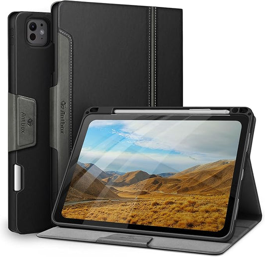 Antbox for iPad Pro 11 Inch Case M5 2025/M4 2024 Built-in Pencil Holder Fully Supports Pencil Pro/USB-C Auto Sleep/Wake Function Vegan Leather (Black)