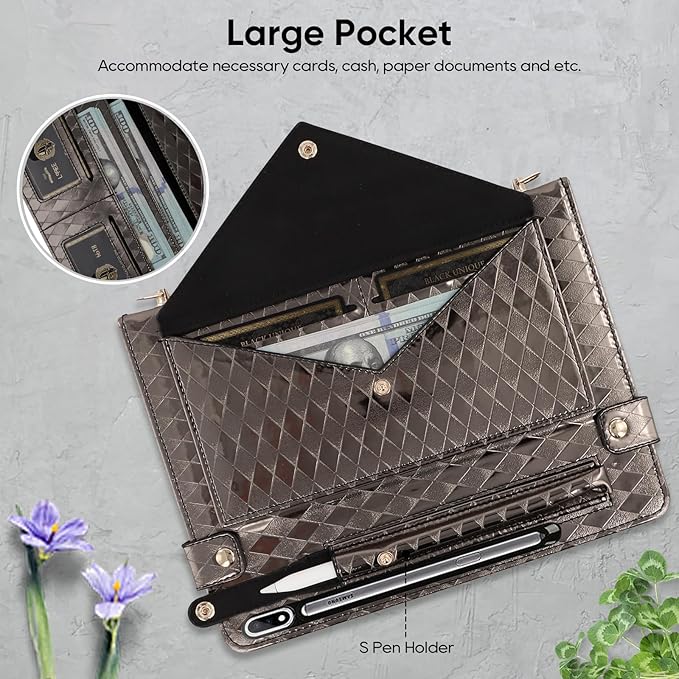 Tablet Carrying Shoulder Bag Case for Samsung Galaxy Tab S10 Ultra/S9 Ultra/ S8 Ultra 14.6 Iridescent Diamond Texture Envelope PU Leather Hand Strap Cards Holder Pocket S Pen Holder CaseBlack