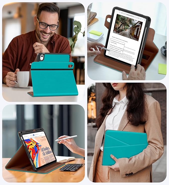 DTTO for iPad A16 Case iPad 11th / 10th Generation Case (2025/2022) 360 Degree Rotating Premium Leather Folio Stand Cover with Pencil Holder Cyan Blue