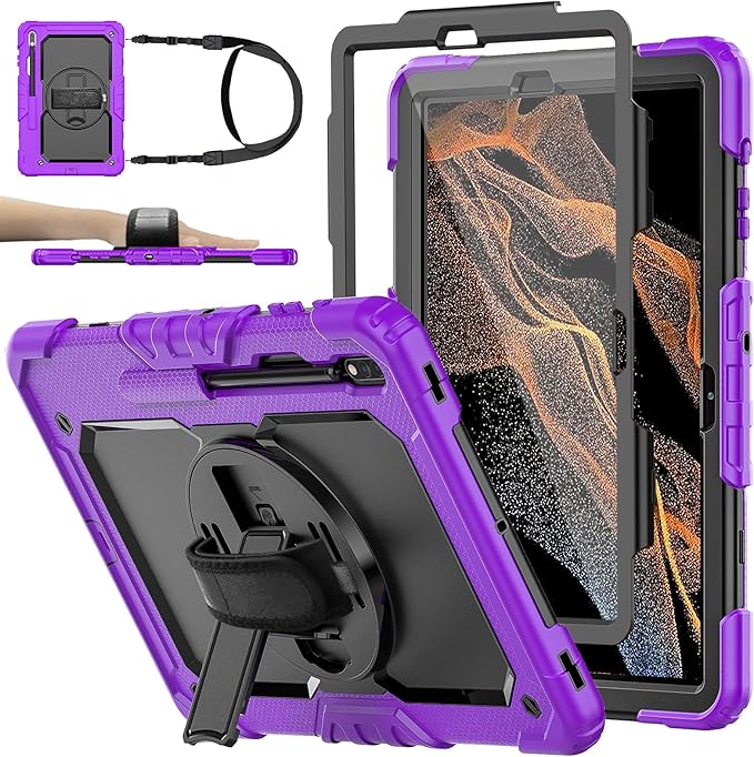 Tablet Case for Samsung Galaxy Tab S8 Plus/S7 FE/S7 Plus 12.4 [Shockproof] with Tempered Glass Screen Protector Rotating Kickstand/Hand &amp Shoulder Strap/S Pen Holder (Purple)