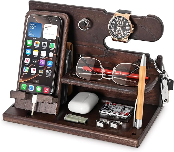 TESLYAR Wood Phone Docking Station for Men - Desk or Nightstand Organizer - Birthday Gifts for Husband Dad - Anniversary Idea from Wife - Key Holder Stand Wallet Watch &amp Essentials (Wenge)