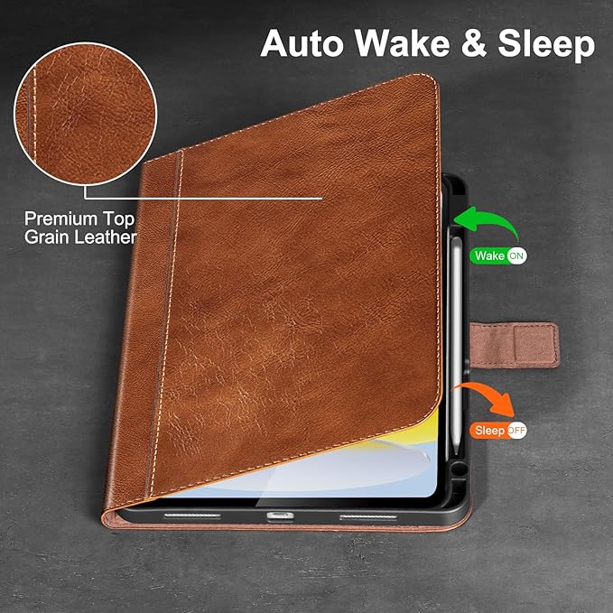 Gexmil Leather Case for iPad (A16) 11th Generation 11 Inch 2025 iPad 10th Gen. 10.9 Inch 2022Protective Cover with Pencil HolderMagnetic ClosureAuto Sleep/WakeBrown