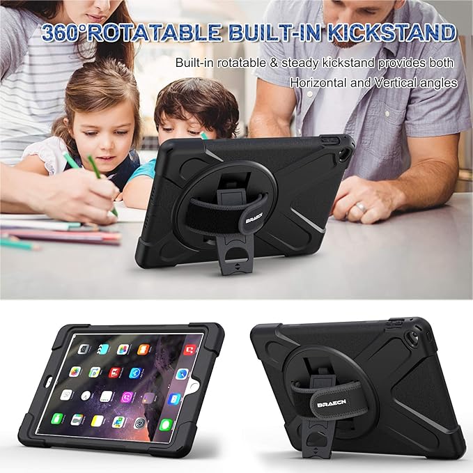 BRAECNstock for Apple iPad Air 2 (2nd Generation) Case 9.7 inch 2014 Shockproof Protective iPad Air 2 Covers and Cases with Pencil Holder Rotating Stand+Hand Strap Shoulder Strap Black
