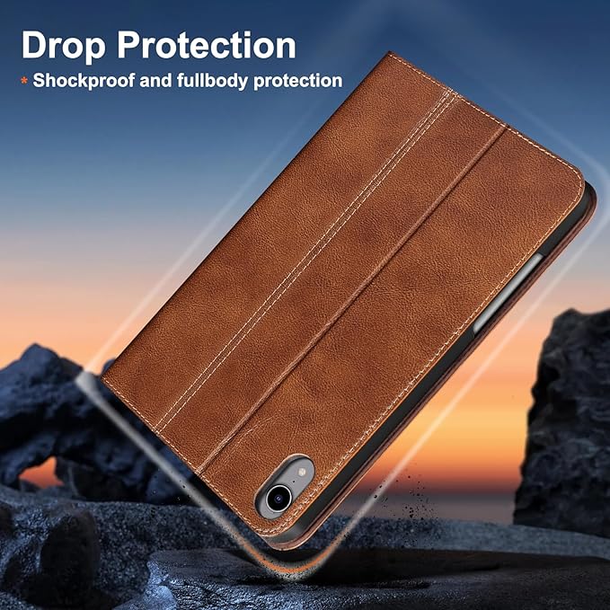 Gexmil Leather Case for iPad mini 7 (A17 Pro) 2024 / iPad mini 6 Generation 2021 8.3 InchPremium Cowhide Cover with Pencil HolderAdjustable Stand Auto Wake/SleepVegetable Tanned Brown