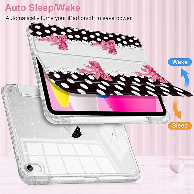 MEEgoodo Case for iPad A16 11th Generation 2025/10th Generation 2022 Glitter Tablet Cases with Transparent Acrylic Back+Trifold Stand +Pencil Holder+Auto Wake/SleepDots with Pink Bows