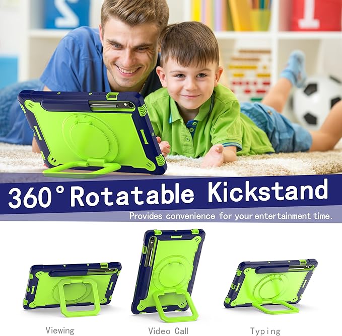 Case for Galaxy Tab S9 FE+/Tab S9+ 12.4 inch Rugged Armor Heavy Duty Hybrid Cover with Adjustable Stand and Handle for Tab S9 Plus 12.4 with Shoulder Strap and S Pen Holder (Blue/Green)