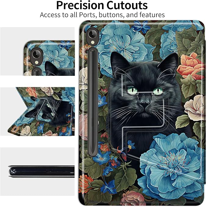 Blue Flowers Black Cat