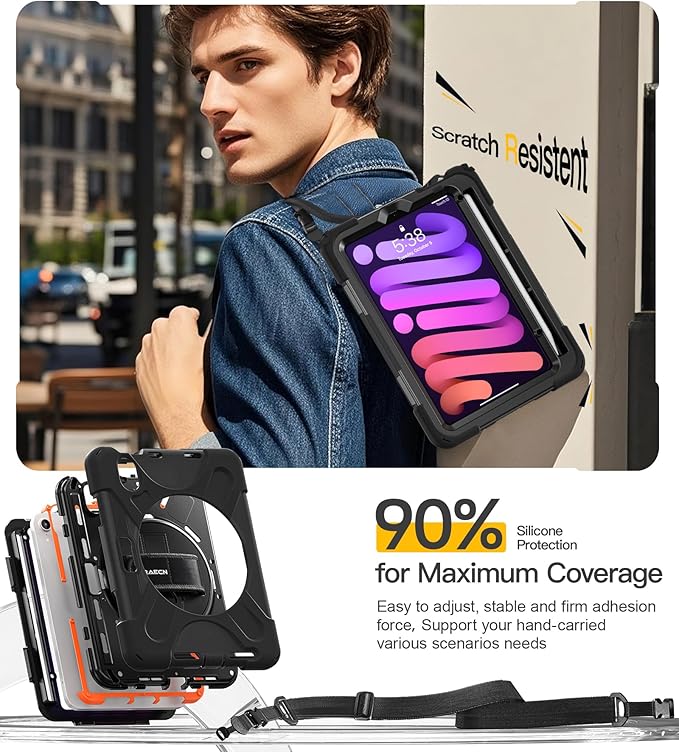 BRAECN Case for iPad mini 7 (A17 Pro) 2024/iPad Mini 6 2021 8.3 with Screen Protector Pencil Holder Protective Heavy Duty Case for iPad mini 7th/6th Gen 360° Rotating Stand &amp Hand Strap for Kid