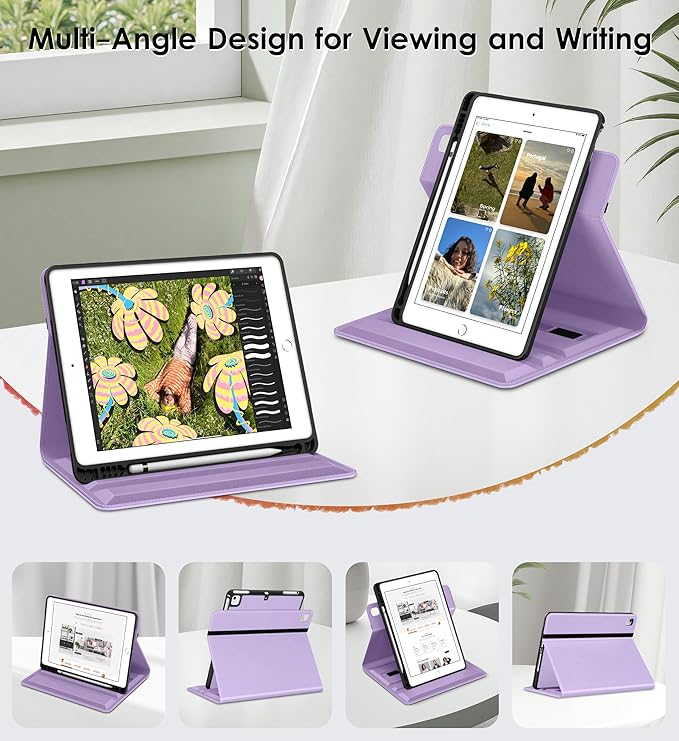 DTTO for iPad 6th / 5th Generation 9.7 Inch (2018/2017) iPad Air 2 / Air 1 Case 360 Degree Rotating Premium Leather Folio Stand Cover with Pencil Holder Lavender
