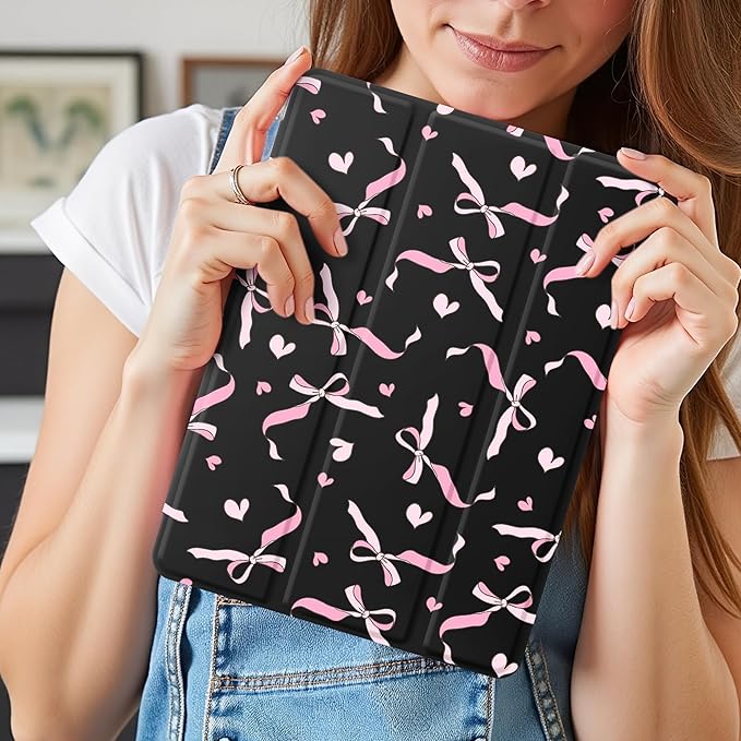 Idocolors Case for iPad 11 inch (A16 Chip) 2025 Generation 11th / iPad 10.9 inch 2022 10th Gen Built-in Pencil Holder with Soft TPU Shockproof Back Shell Auto Wake/Sleep Pink Bow-Black