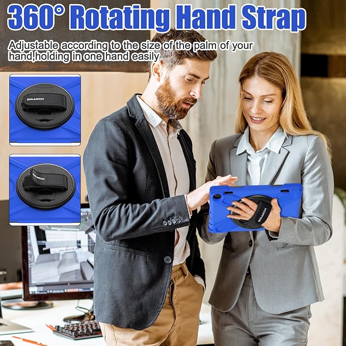 BRAECNstock for Amazon Fire HD 8 Tablet Case 12th Generation 2024/2022 8 inch with Rotating Hand Strap + Stand Shouler Strap Pen Holder Shockproof Rugged Kindle Fire HD 8 Protective Case Kids - Blue