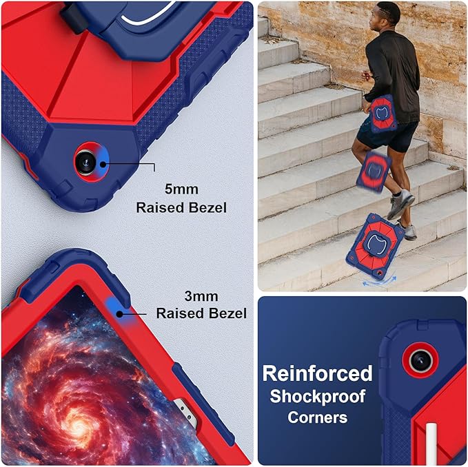 for Galaxy Tab A11+ Plus/A9+ Case 11” Rugged Case for Samsung Galaxy A11 Plus/ A9 Plus Tablet with 360 Rotating Stand Screen Protector Shoulder Strap Pen Holder 2025/2023 Model Navy Red