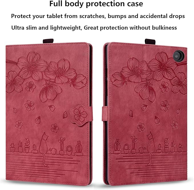 for Amazon Kindle Fire HD 8 &amp Fire HD 8 Plus Case 12th/10th Generation (2024/2022/2020) 8 UUcovers Embossed PU Leather Folio Magneic Cover with Stand/Pencil Holder Cherry Blossom Red Cat