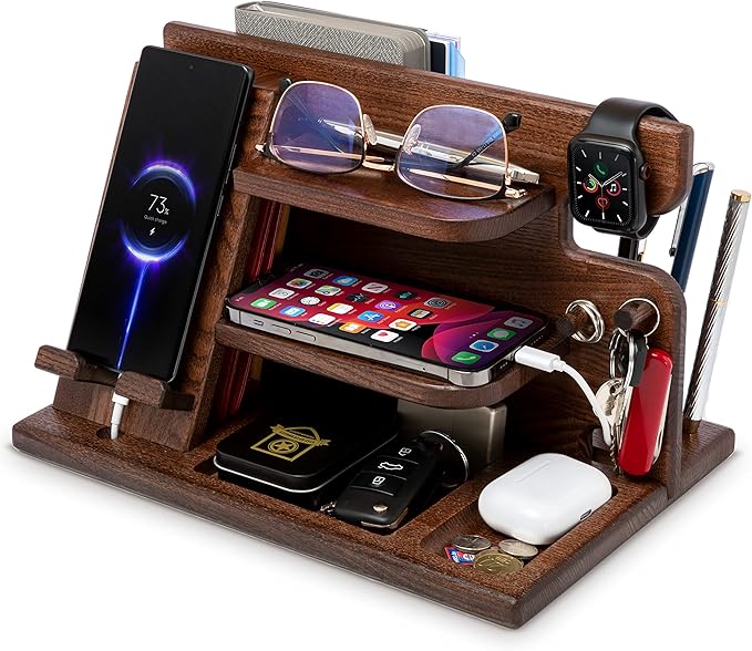 TESLYAR Wood Phone Docking Station for Men - Desktop or Nightstand Organizer - Birthday gifts for Men or Dad - Anniversary Idea from Wife - Key Holders for Wallet Watch &amp Essentials (Chestnut Br