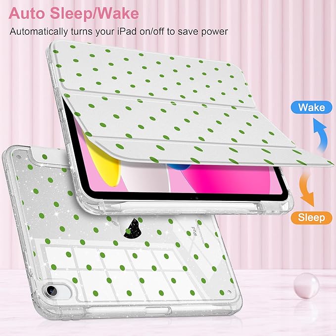 MEEgoodo Case for iPad A16 11th Generation 2025/10th Generation 2022 Glitter Tablet Cases with Transparent Acrylic Back+Trifold Stand +Pencil Holder+Auto Wake/SleepGreen Polka Dots