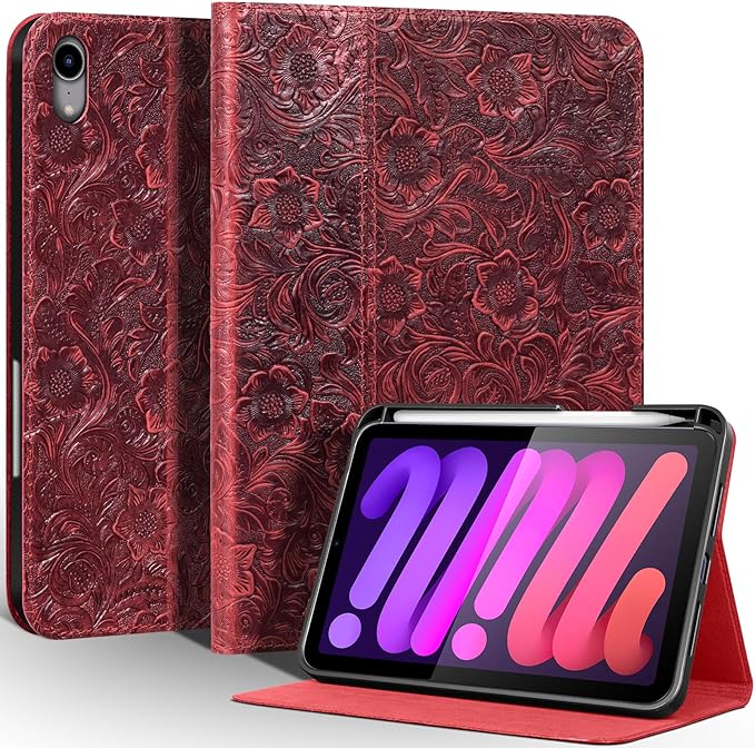 Gexmil Leather Case for iPad mini 7 (A17 Pro) 2024 / iPad mini 6 Generation 2021 8.3 InchPremium Cowhide Cover with Pencil HolderAdjustable Stand Auto Wake/SleepFloral Red