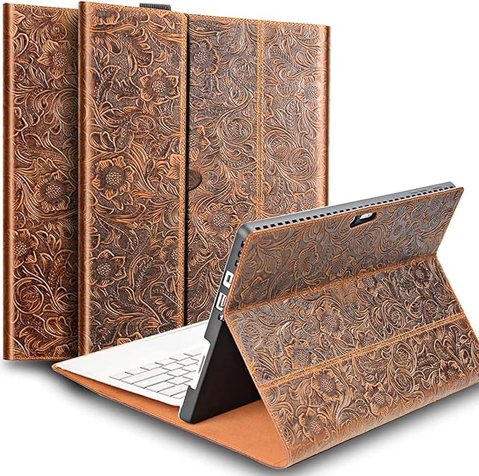 Gexmil Case for Surface 13 InchPRO8 2021 Genuine Leather Cover with Built-in Pencil HolderCowhide Folio Cover Anti Fingerprint Anti SlipFlower Brown