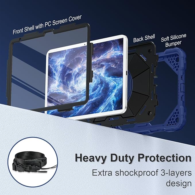 Case for iPad (A16) 11th Generation 11 Inch (2025) / iPad 10th Generation Case 10.9 Inch (2022) with 360° Rotating Stand Screen Protector Pen Holder Shoulder Strap Navy Black