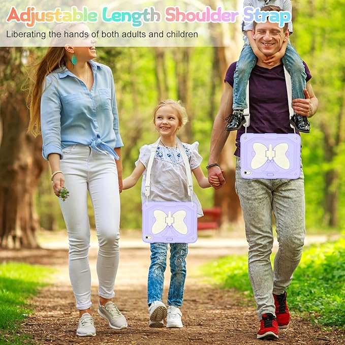 Case for iPad (A16) 11th/10th Generation 2025/2022 11/10.9 for Kids Girls with 9H Tempered Glass Screen Protector Rugged Shockproof Protective with Butterfly Stand Carrying Strap-Purple